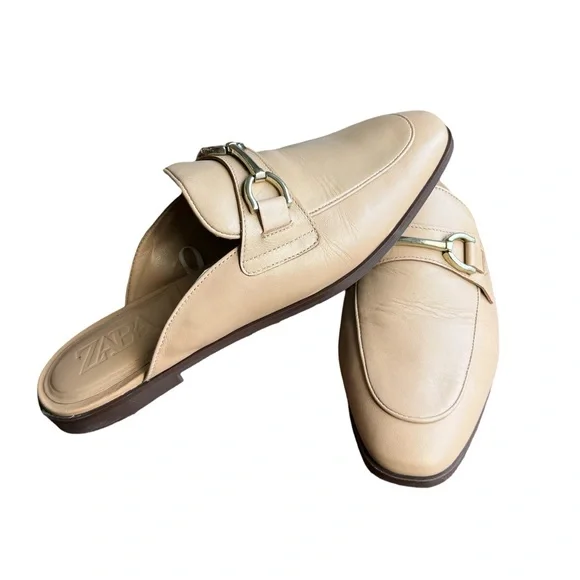 ZARA Beige Leather Horsebit Mule Loafers Slip On Flats Neutral Size 8.5 - Picture 2 of 7